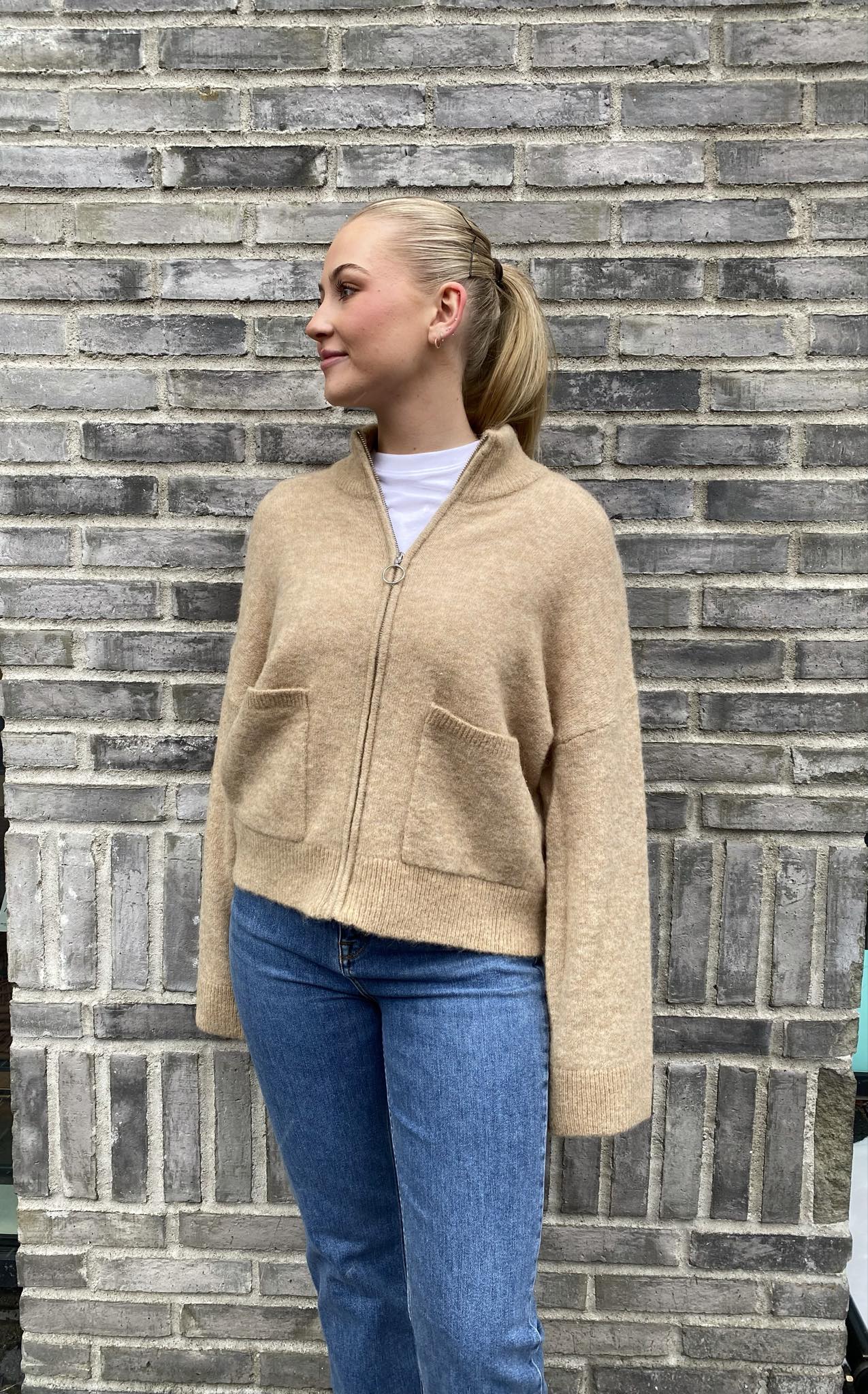 Sia Ras Zipper Strikket Cardigan - Hummus - Selected Femme